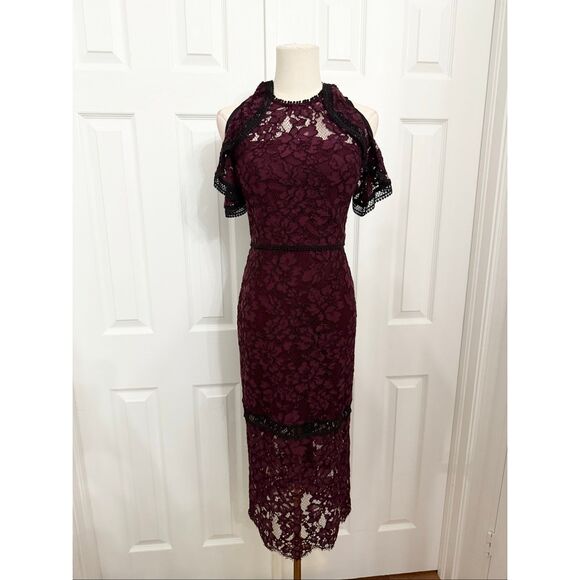 Alexis Womens Burgundy Evie Cold Shoulder Floral Lace Midi Sheath Dress Size XS - Picture 1 of 6